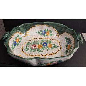 Vintage Italian Pottery Serving Bowl w/Handles Hand Painted Floral 13"